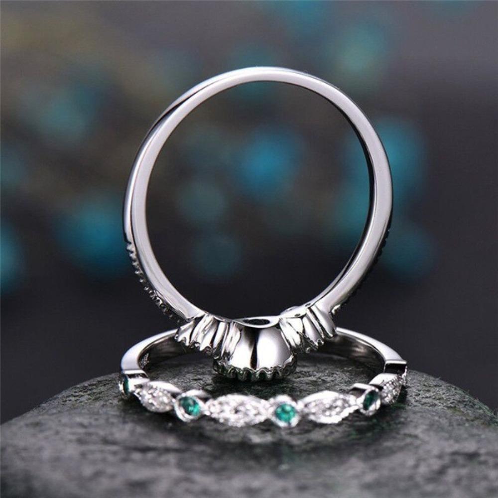 Elegant Emerald Zircon Ring For Women Blue Sapphire Wedding Band Set Fashion Jewelry