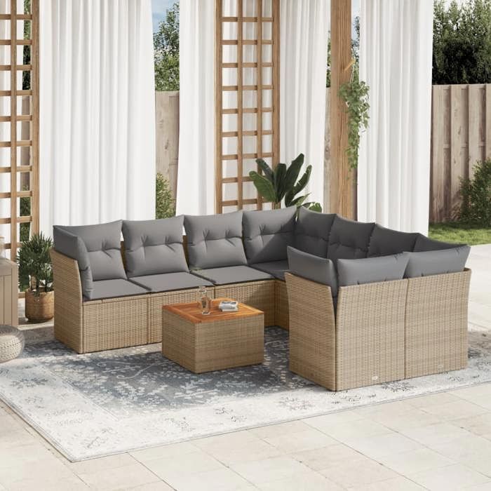 VidaXL Salon de Jardin avec Coussins 9 pcs, Canapés de Terrasse, Ensemble de Meubles de Patio, Mobilier d'Extérieur, Mélange 3255863