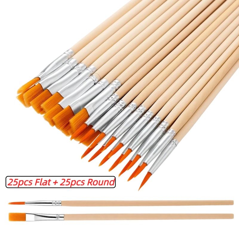 20/50/100 Pcs Wood Handle Painting Brushes Set Art Round Flat Hair Nylon Hair Paint Brush For Acrylic Watercolor