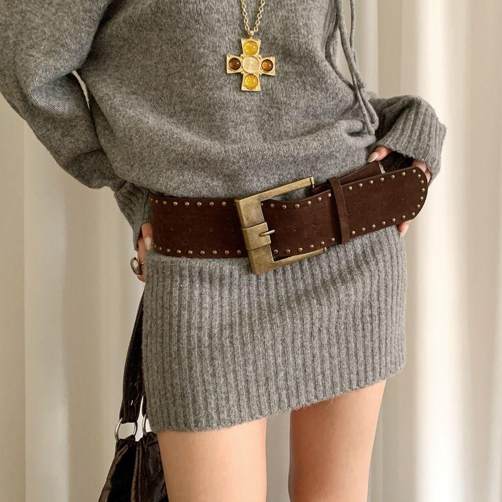 Y2k Rivet Waist Belt Pin Buckle Ultra-wide Waistband Women Coat Skirt Decoration