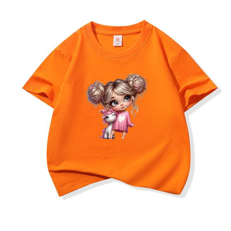 Kids Cotton T Shirt Charming Girl With Pink Unicorn Print Crew Neck Short Sleeve Tee Casual Boys Girls Summer Tops
