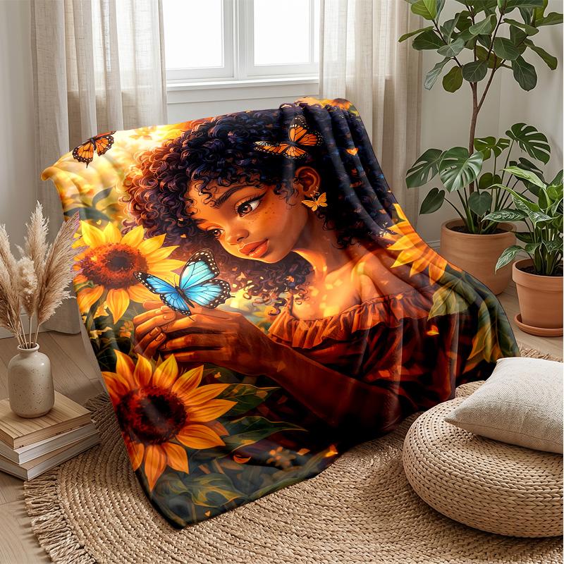 Sun Moon Butterfly Theme Blanket Lightweight Warm Flannel Blanket Decorative Throw Blanket for Home Decoration