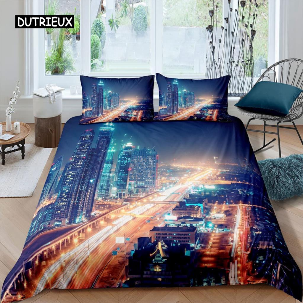Cityscape Duvet Cover Set New York City Night View Quilt Cover for Boys Adults Microfiber Building Bedding Set 2/3Pcs King Size