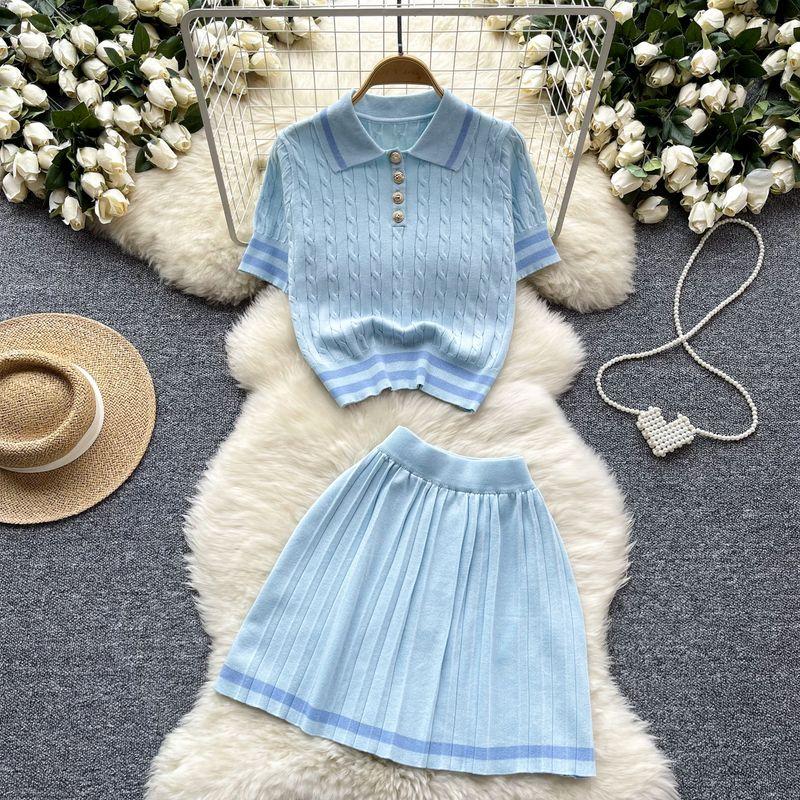 Summer New Arrival Easiest for Match Two-Piece Dress of Knitted Sweater Women's Retro Contrast Color Short Sleeve Tops + High Waist Pleated Skirt