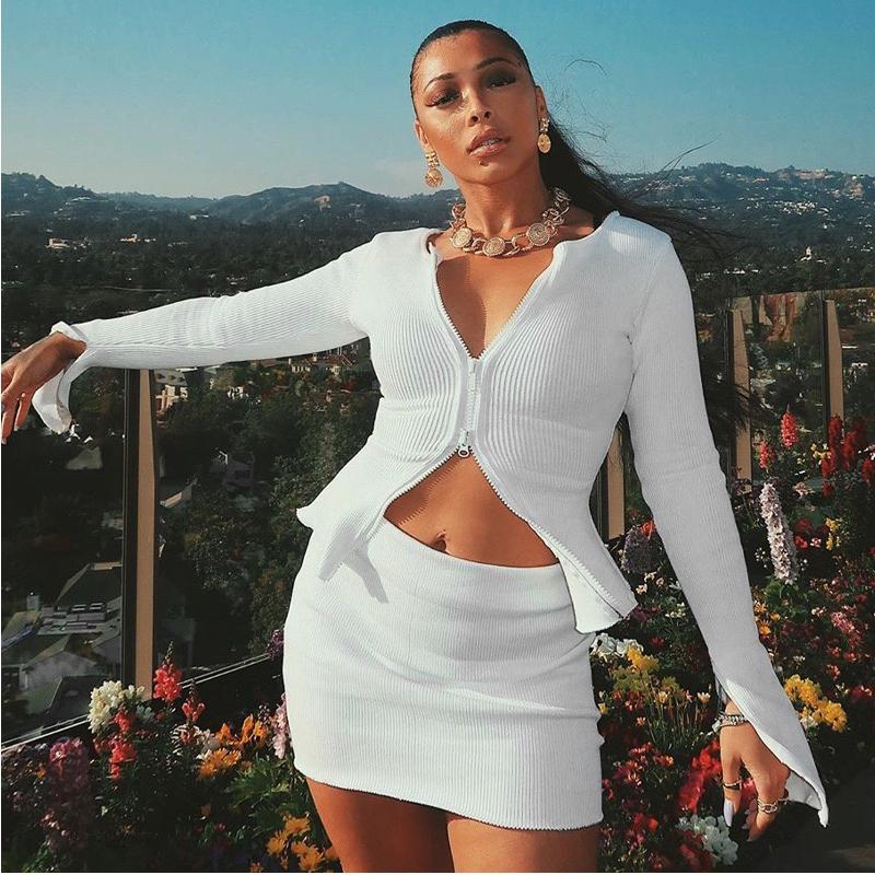 VAYLA Women T-shirt Spring Autumn Clothes Ribbed Knitted Long Sleeve Crop Tops Zipper Design Tee Sexy Female Slim Black White Tops