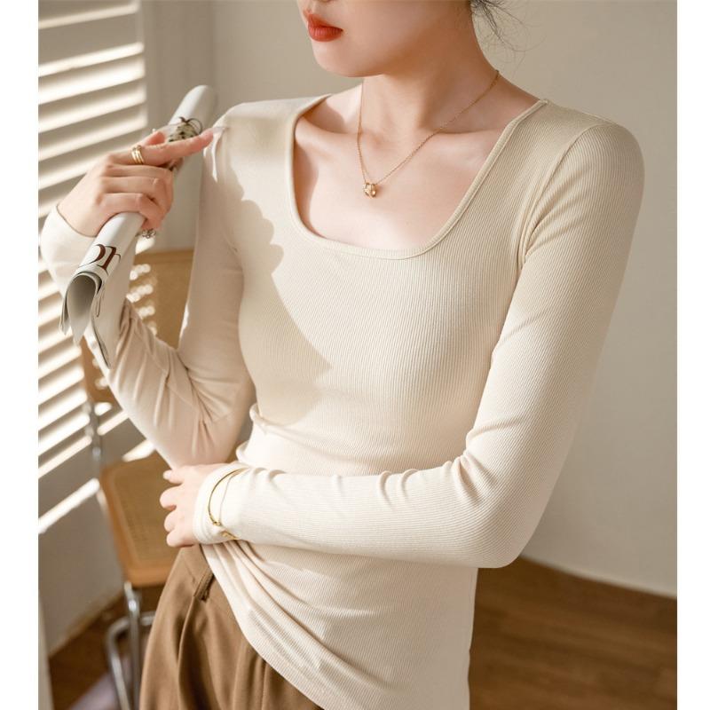 Women Square Neck Long Sleeve Slim Fitted Solid Color T Shirt Casual Basic Top