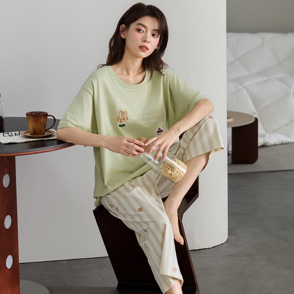 1011 new pajamas with chest pads women's summer pure cotton short-sleeved cropped pants loungewear anti-bumping outer wear pullover set