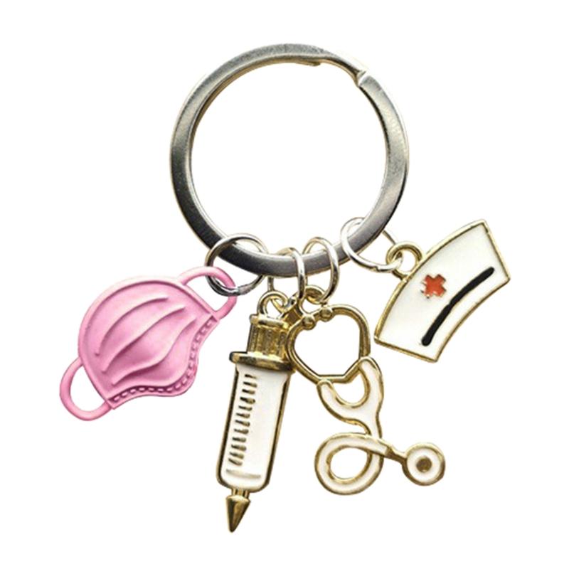Doctor Keychain Medical Mask for Key Ring Injection Syringe Stethoscope Nurse Cap Keychain Medical Gift DIY Jewelry Hand 1 розовый