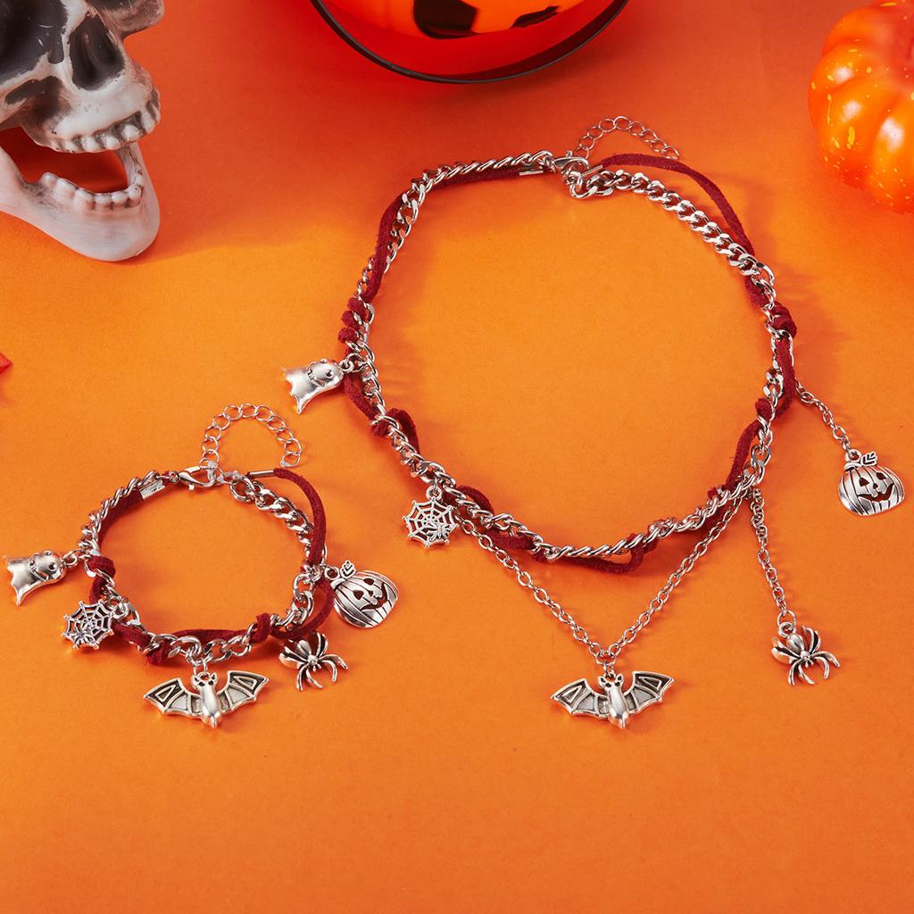 Halloween Jewelry Adjustable Necklace Pendant Bracelet with Ghost Pumpkin Bat Spider Charm Pendant for Women Party Gift