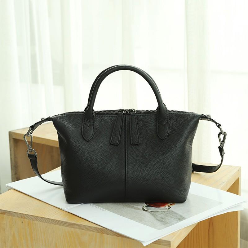

First Layer Cowhide Retro Boston Bag Barrel Female One-shoulder Crossbody Headtop 22x11x18cm чёрный