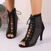 2026 New Fashionable Large Size High Heels Mesh Hollow Sexy Sandals Trendy Lace up Cloth Face Fish Mouth Boots Women Shoes