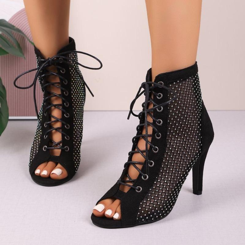 2026 New Fashionable Large Size High Heels Mesh Hollow Sexy Sandals Trendy Lace up Cloth Face Fish Mouth Boots Women Shoes