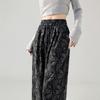 Spring Autumn Elastic Waist Vintage Jacquard Wide Leg Pants Women Loose Casual All-match Straight Trousers