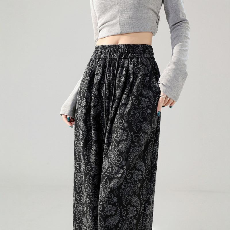 Spring Autumn Women's Elastic Waist Vintage Printing Wide Leg Pants Female Loose Casual All-match Straight Trousers