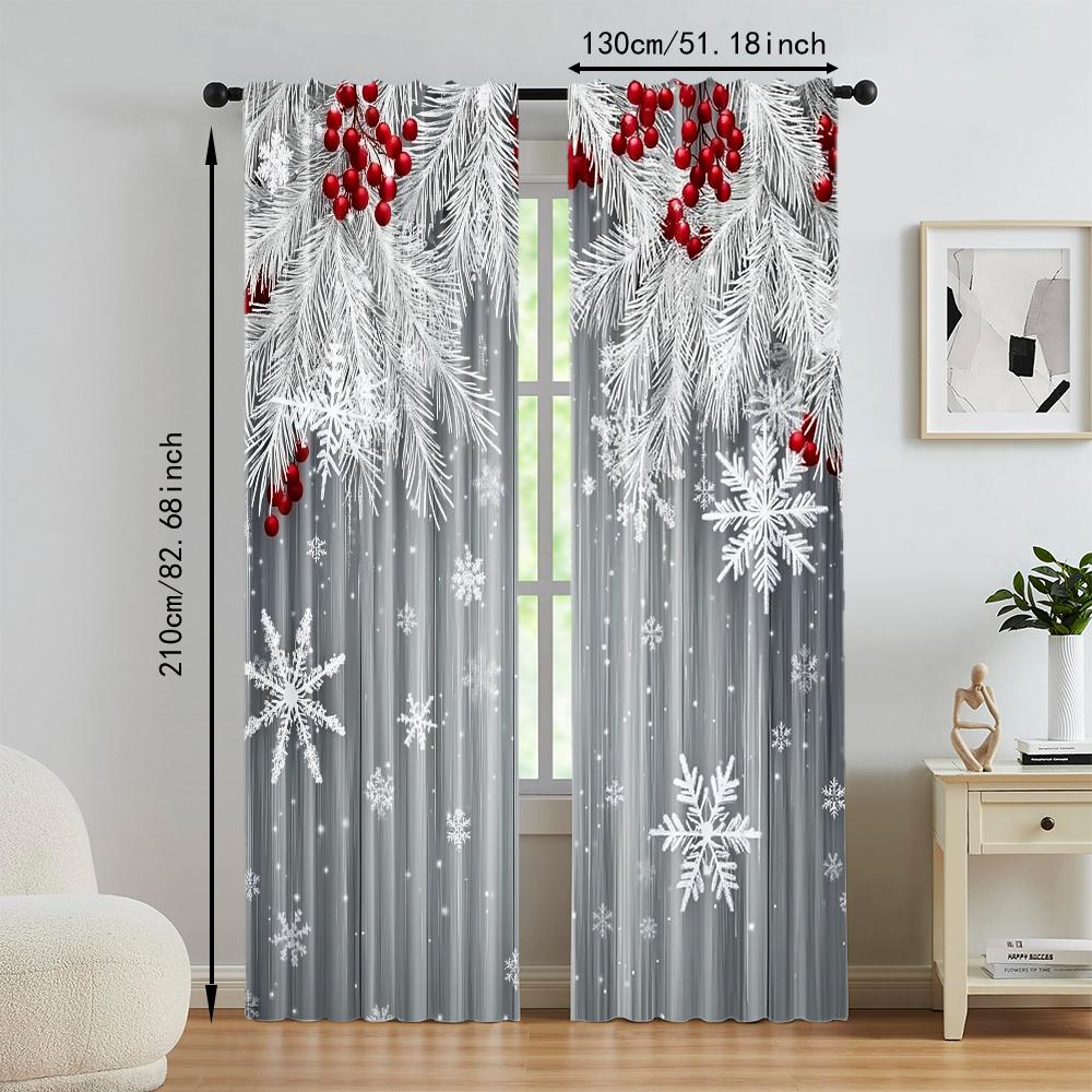 2Pcs Christmas Snowflake And Red Berry Print Polyester Material Window Curtains Rod Pocket Design For Easy Hanging Perfect For
