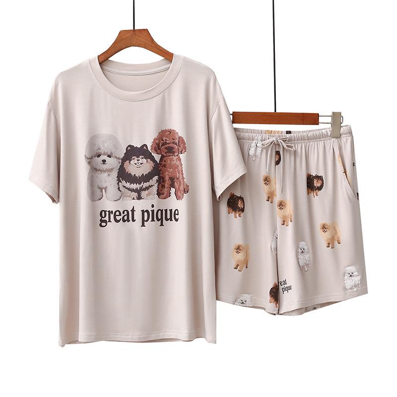 

Пижамный комплект из модала с принтом в виде померанского мультяшного померанца - женские летние шорты свободного кроя с короткими рукавами для дома One Size (80-145 jin)