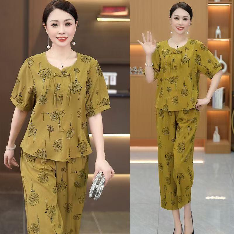 Trendy Plus Size Summer Two-Piece Set for Mid-aged & Elderly: Stylish Loose Short Sleeve Top & Pants