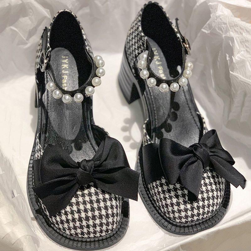 

Туфли женские весенние противоскользящие универсальные туфли Fairy Single на толстом каблуке с жемчужным бантом 38 чёрный