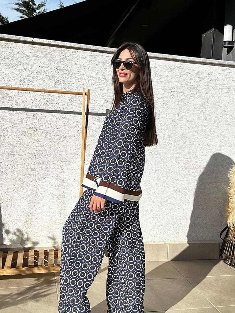 New European-American Fashion: Printed Long Sleeve Shirt & High Waist Pants Two-Piece Set for Women