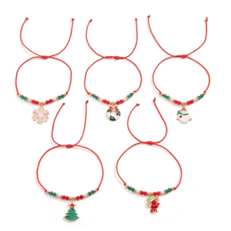 5pcs/set Cute Christmas Series Snowflake Tree Pendant Crystal Bracelet Women CCB Beads Adjustable Thread Rope Bracelet