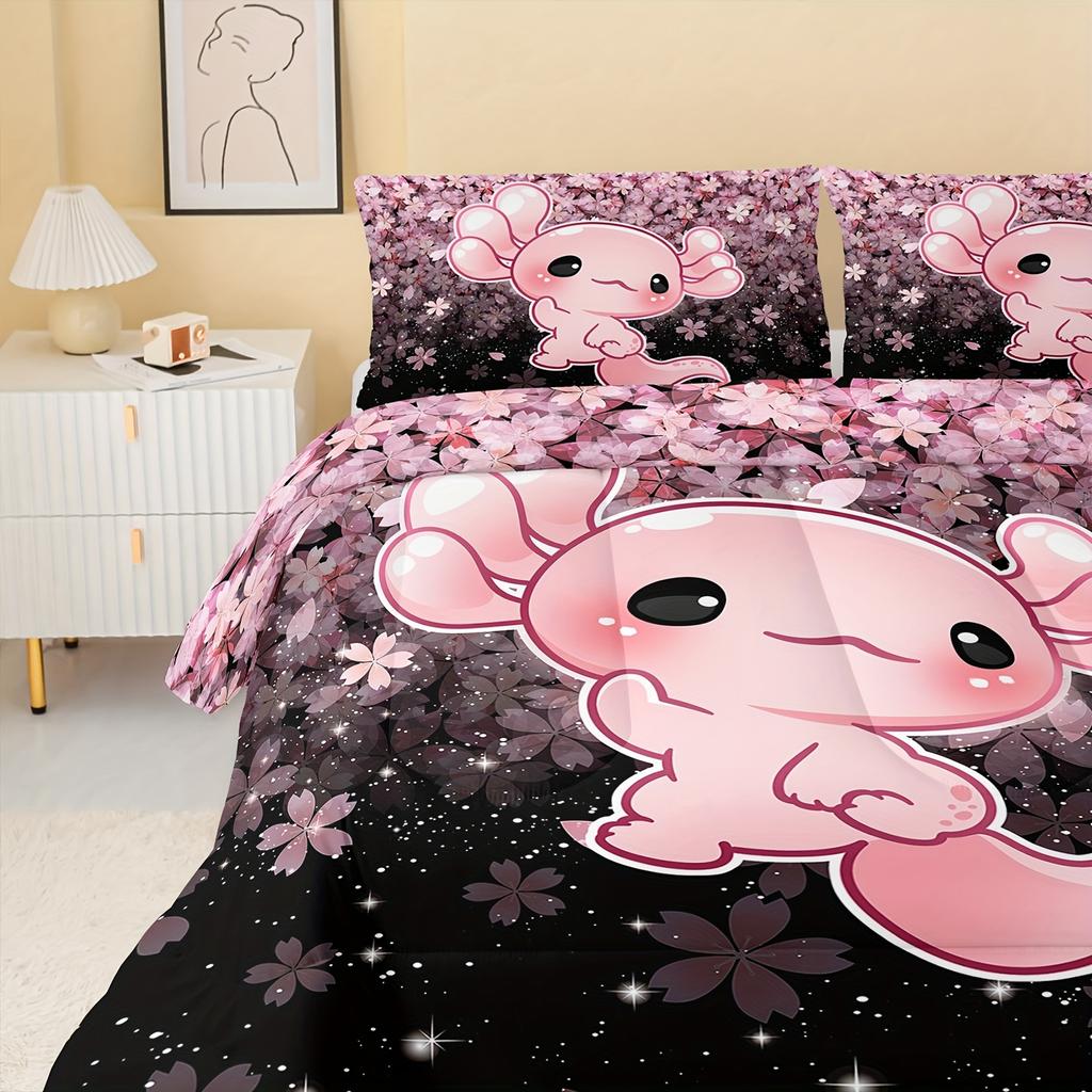 [Kawaii Axolotl Bedding] Pink Cherry Blossom Kawaii Axolotl Bedding Set, 1 Quilt Cover Set 2 Pillowcases, 3D Quilt Set Bedroom
