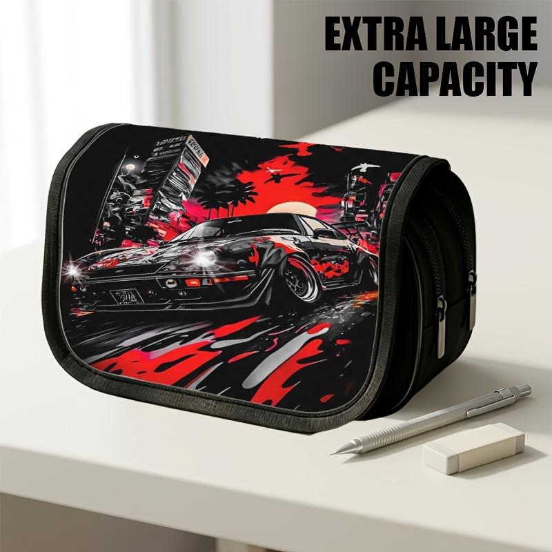 1pc Double Layer Flip Pencil Case, Neon City Racing, Large Capacity, Portable Polyester Pen Storage Bag with Zipper Closure, Ideal for School & Office