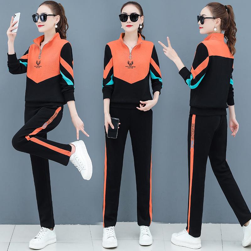 Slimming Large-size Wide-leg Pants Suit for Women's Autumn Clothes New Slightly Fat Mm Women's Age-reducing Half-zipper Sweatshirt Two-piece Set
