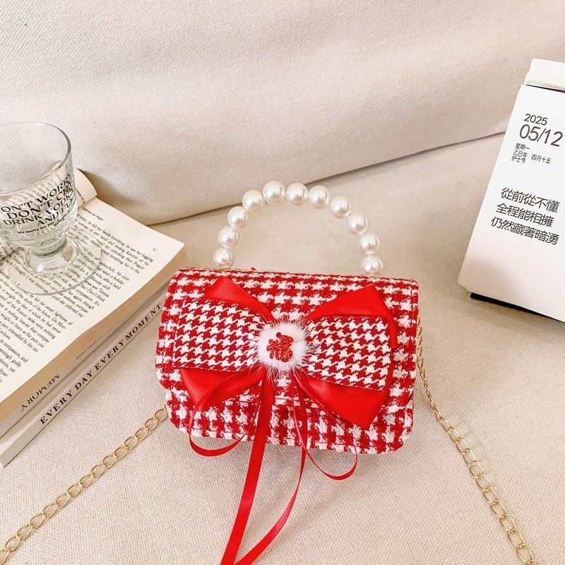 Red Adorable Pu Handbag For Kids Featuring Bow Design And Trendy Strap Chain