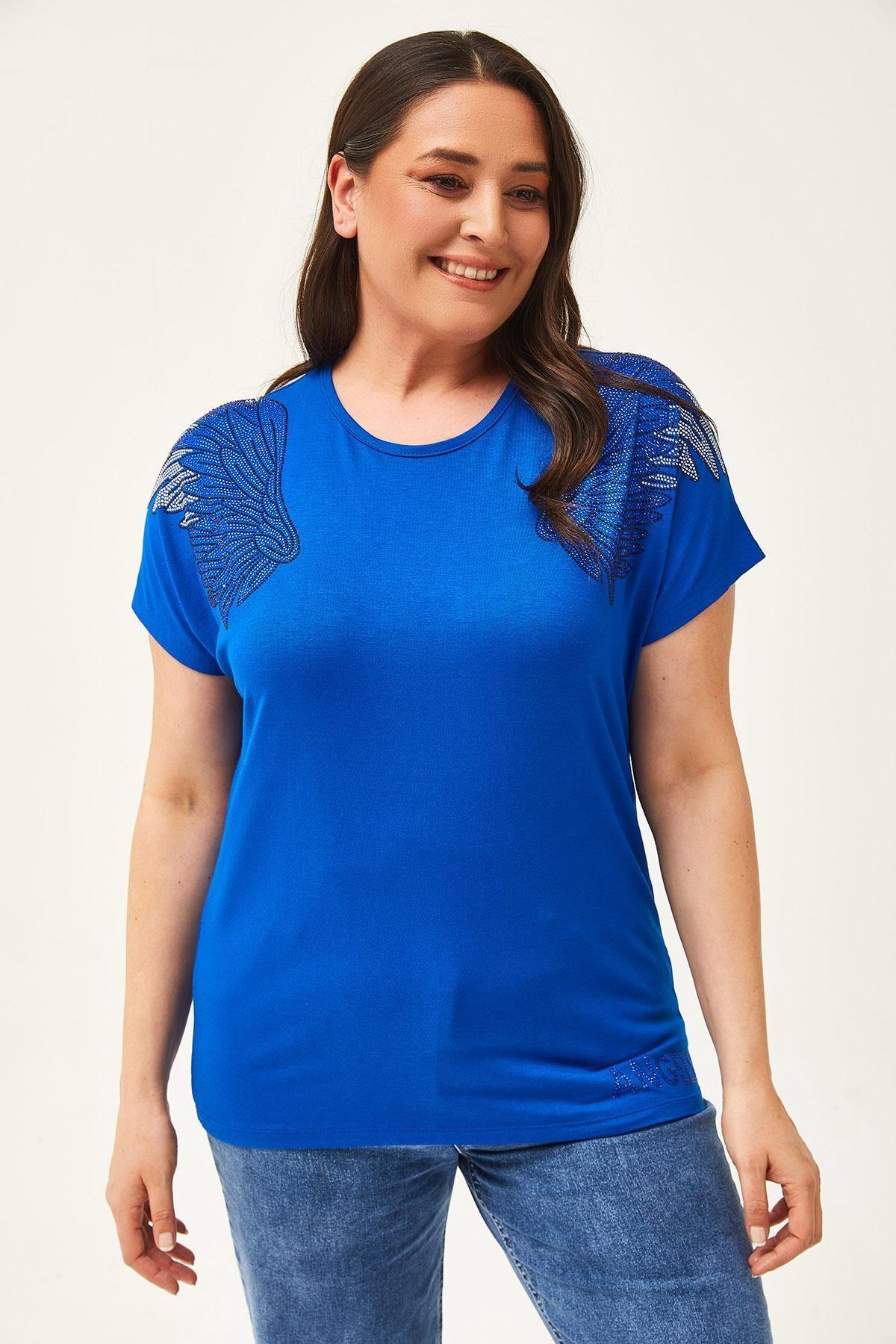 

Women s Big Size Blouse Plus Size Angels Stone Printed Blue Blouse L