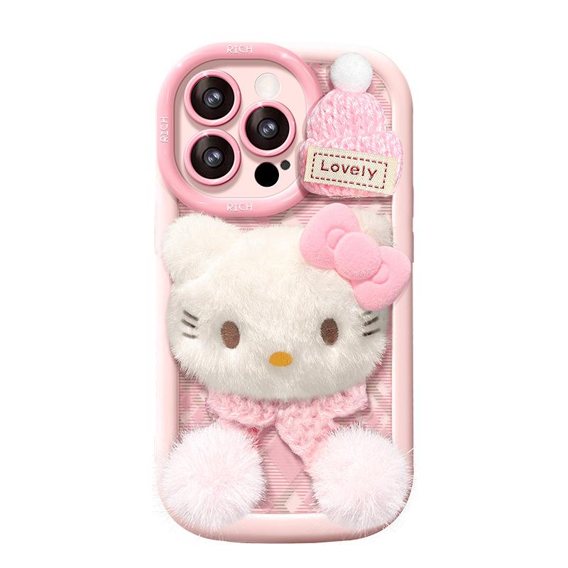 Plush kt cat bracelet is suitable for Apple 16pro mobile phone case 15 cute anti-drop 14 all-inclusive soft silicone 13/12 women