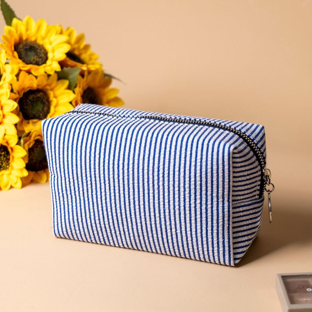 Striped Embroidery Makeup Bag Travel Toiletry Organizer with Bubble Print Waterproof Portable Multi-Compartment
