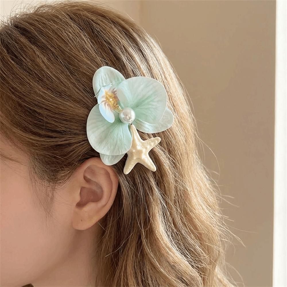 Trendy Orchid Flower Hairpin Vintage Resin Starfish Hair Clip Pearl Hair Clip Seaside Wear