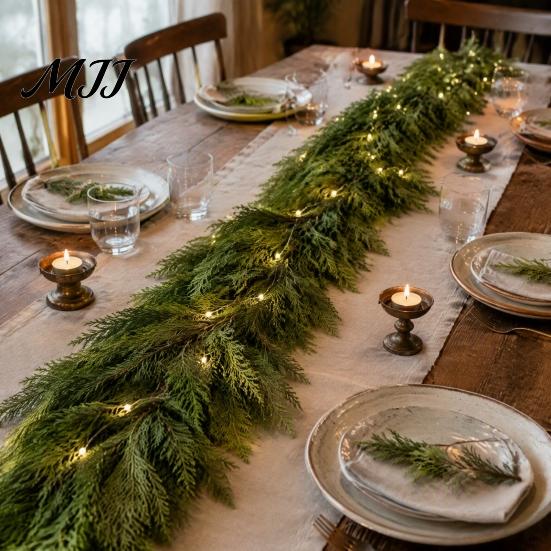 Artificial Christmas Decor Pre-Lit Garland Decoration, Real Touch Cedar Cypress Pine Greenery with Decorative for Holiday Parties LED Light