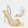 Fashion Champagne Silver Gold Crystal Bride Shoes Clear PVC Bling Bling Rhinestone Slingback Party Sandals Open Toe Sparkly Heels