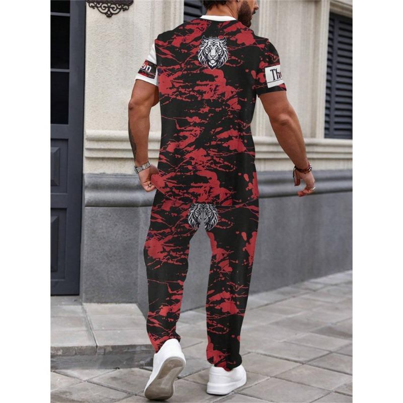 Men's personality clothing black and white Wolf head pattern two-piece set casual crew neck short-sleeved T-shirt and trousers