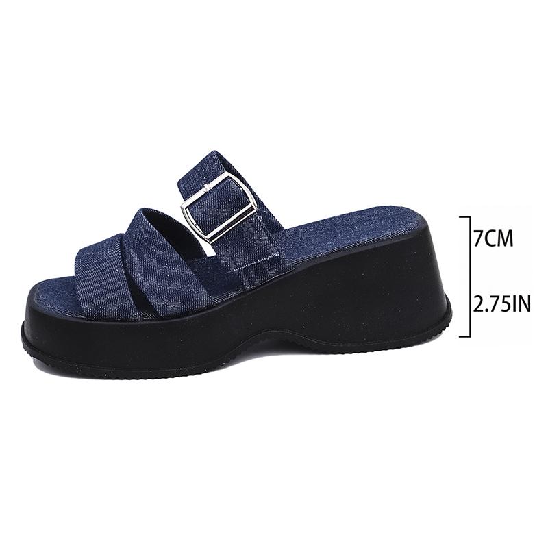 Blue Denim Chunky Platform Slippers Women Fashion Buckle Wedge Heels Sandals Woman Summer Comfort Thick Bottom Outdoor Slippers
