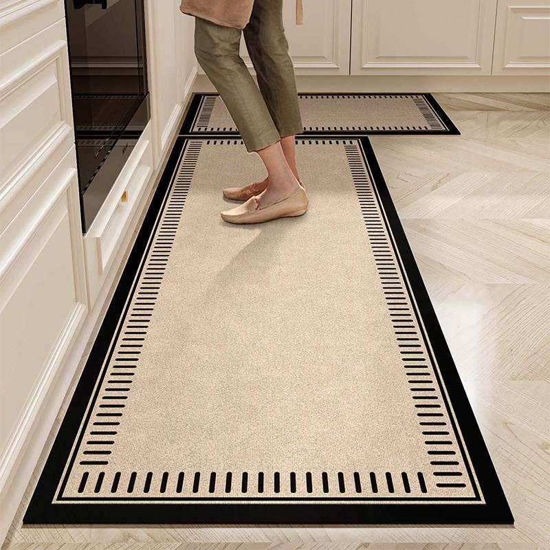 Wasserdichte Teppichbodenmatte für die Küche, Bodenmatte aus PVC-Leder, Lange Teppiche, Rutschfeste Fußmatten, Beige, Minimalistischer Stil, Heimdeko-Teppich