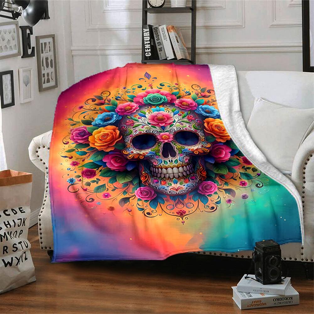 1pc Skull Artwork Soft & Warm Polyester Knit Blanket, Digital Printed, All-Season Throw for Napping, Traveling, Sofa yy250906027