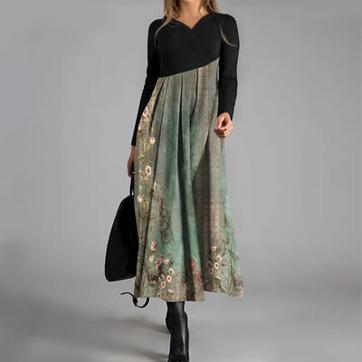 Ladies' Casual V-neck Long Sleeved Dress Printing Loose And Oversized Dress