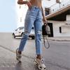 Women Button High Waist Pocket Elastic Hole Jeans Trousers Slim Denim Pants