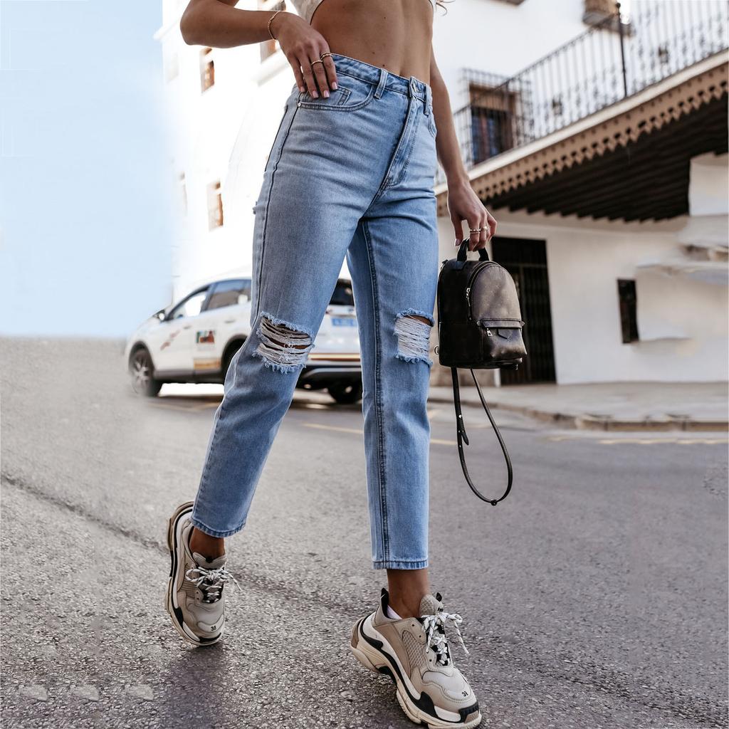 Women Button High Waist Pocket Elastic Hole Jeans Trousers Slim Denim Pants