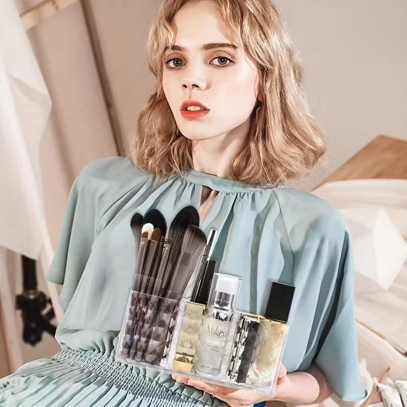 Diamond Patterned Mirror Cabinet Storage Box Clear Acrylic Makeup Storage Box Eyebrow Pencil & Brush Organizer Transparent Cosmetic Holder