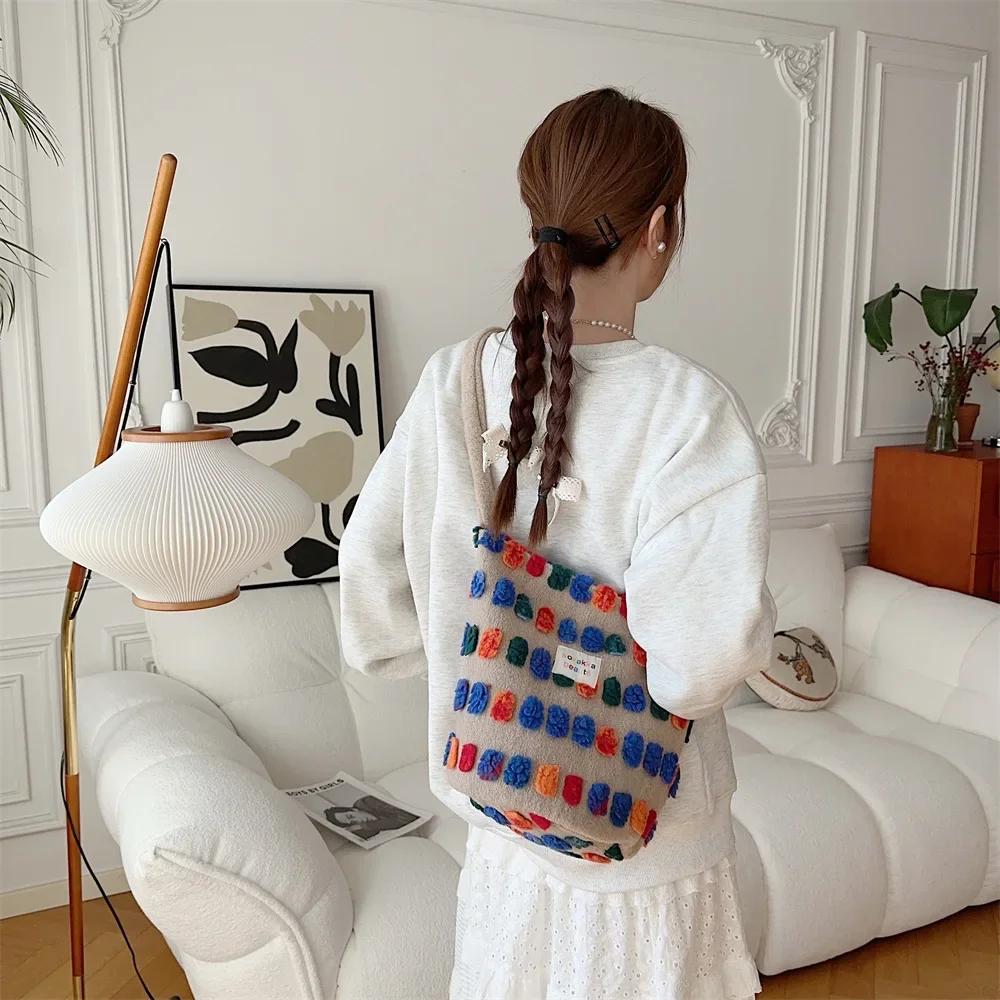 Color Plush Dots Women's Bento Handbags Retro Design Female Fluffy Bucket Bags Large Capacity Shoulder Bag Purse Casual Tote