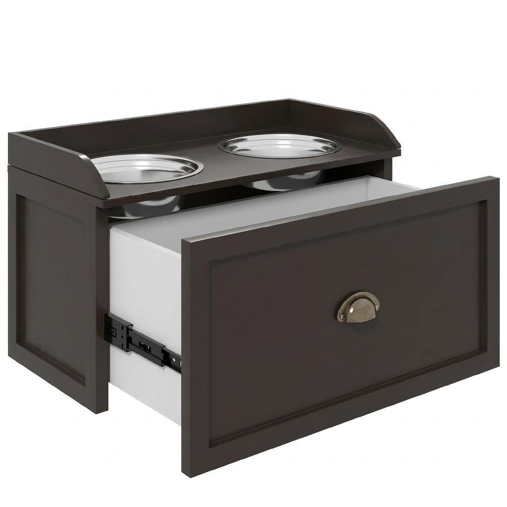 Elevated Dog Bowls, 2-in-1 Bowl Holder Storage, Drawer, 2 Bowls, 60 x 30 x 36 cm, Coffee Brown