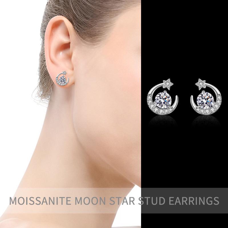 Exquisite S925 Sterling Silver Moissanite Star and Moon Stud Earrings for Pierced Ears