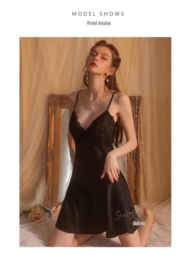 Stunning Satin Lace Backless Tie-Waist Camisole Nightgown Robe with Padding