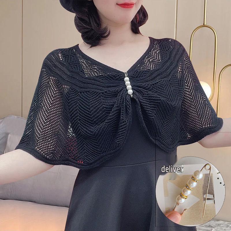 

Женский модный вязаный платок, платье ципао и комплект кардигана с волнистым узором One Size [80-160 jin] with Brooch чёрный