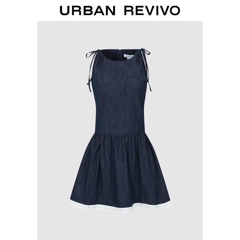 UR2026 Women s Casual Color-Block Pleated Denim Dress M