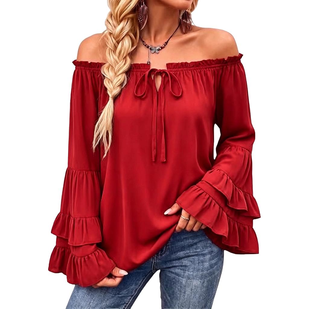 Women's Elegant Off Shoulder Long Sleeve Floral Blouse, Loose Fit Casual Top