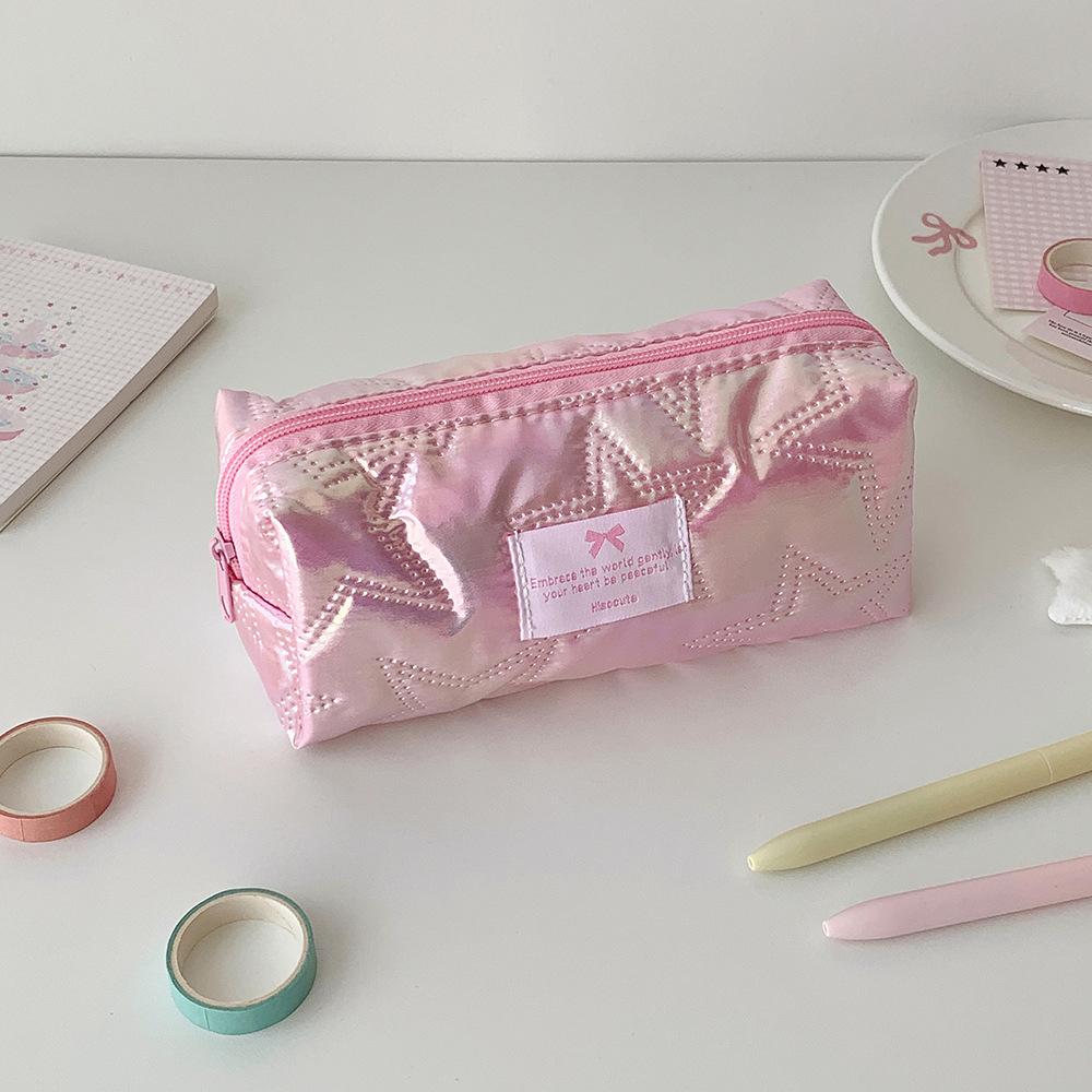 Polyester Storage Bag Star-Patterned Pink Pen Bag Pencil Case Glossy Stationery Organizer For Gift For Girls Travel School